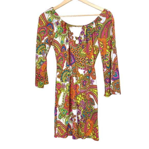 Milly Retro 70's Disco Vibrant Paisley Silk Chain Mini Dress Size XS - Picture 1 of 6